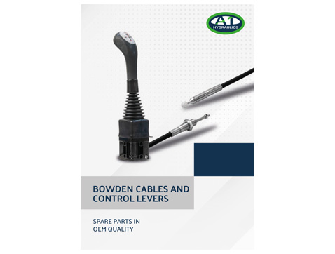 Product catalog's title page showing a control lever and the separate ends of a ball point Bowden cable
