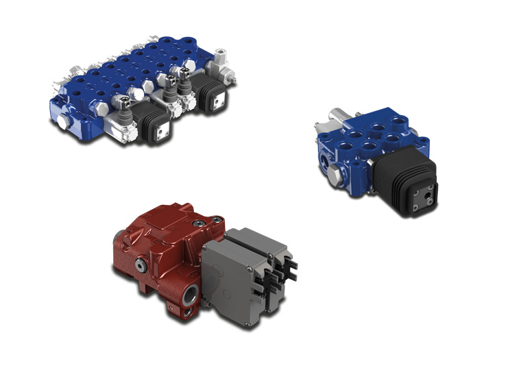 Bild mit 3 Monoblock Wegeventilen der Hersteller Hydrocontrol und Walvoil